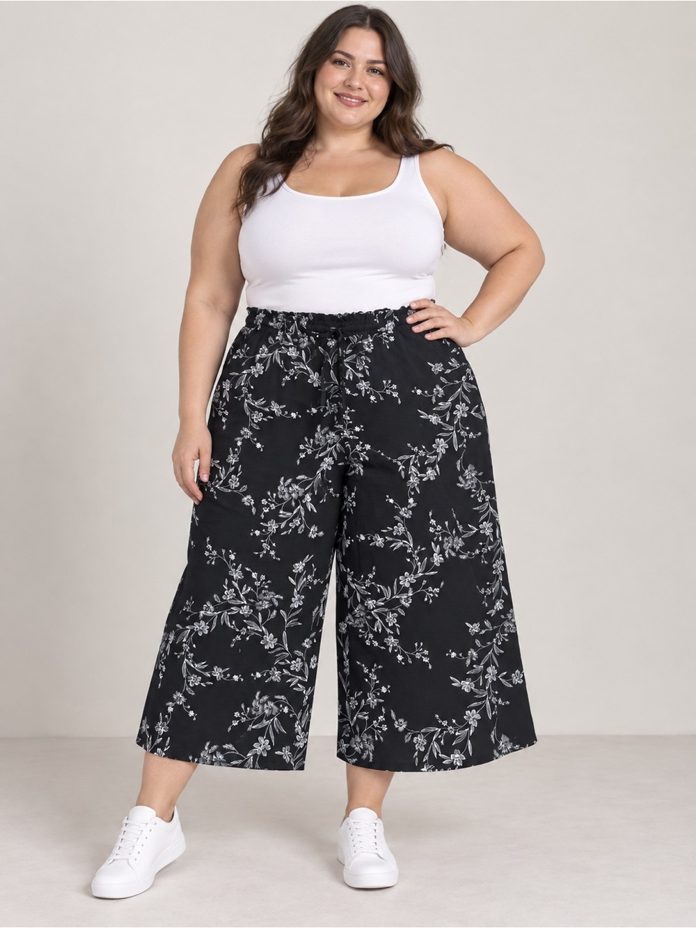 Plus Size Black Floral Wide-Leg Crop Pants
